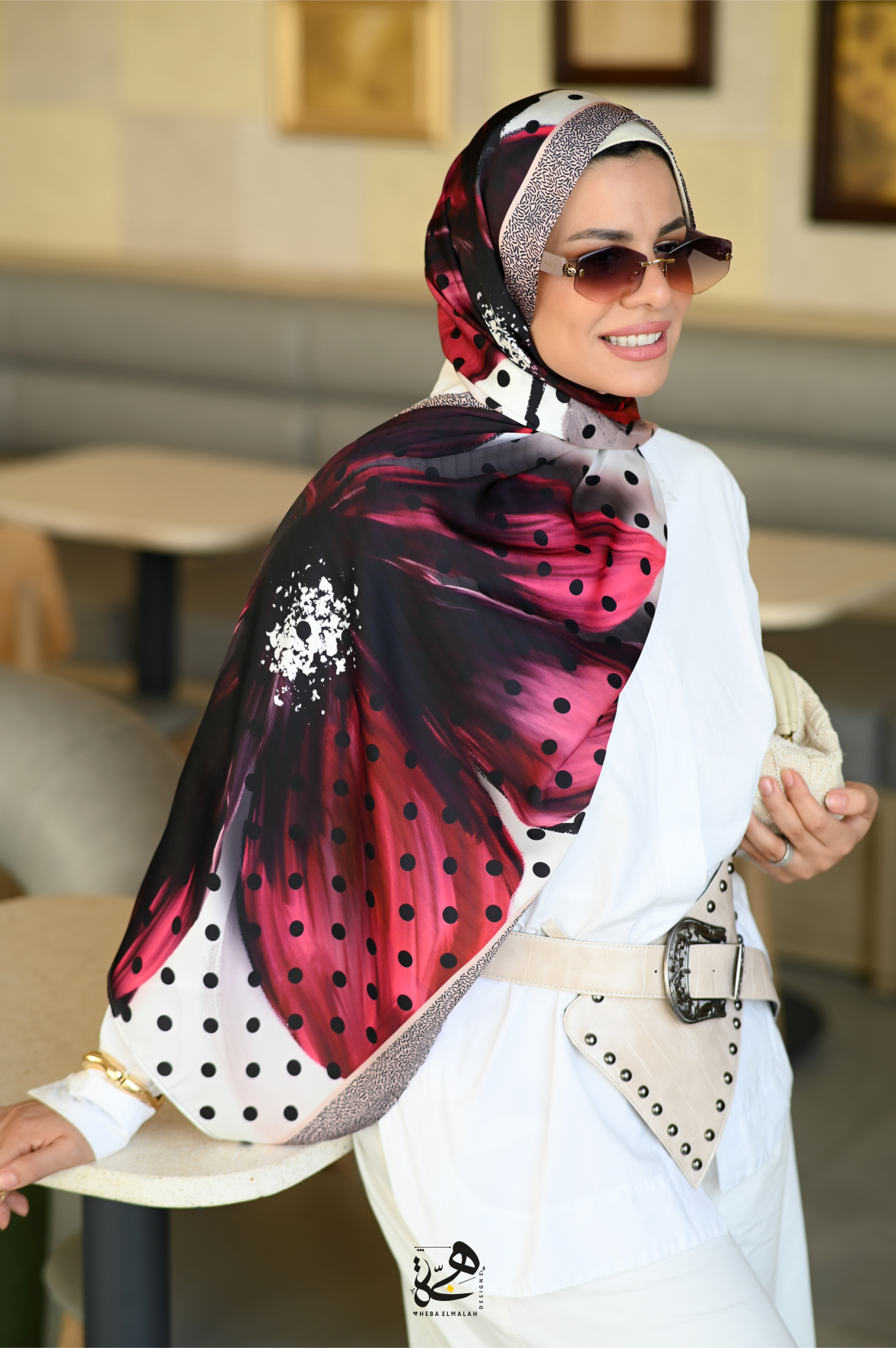 Luxury printed chiffon hijab Polka Fleur by Heba Elmalah Designs