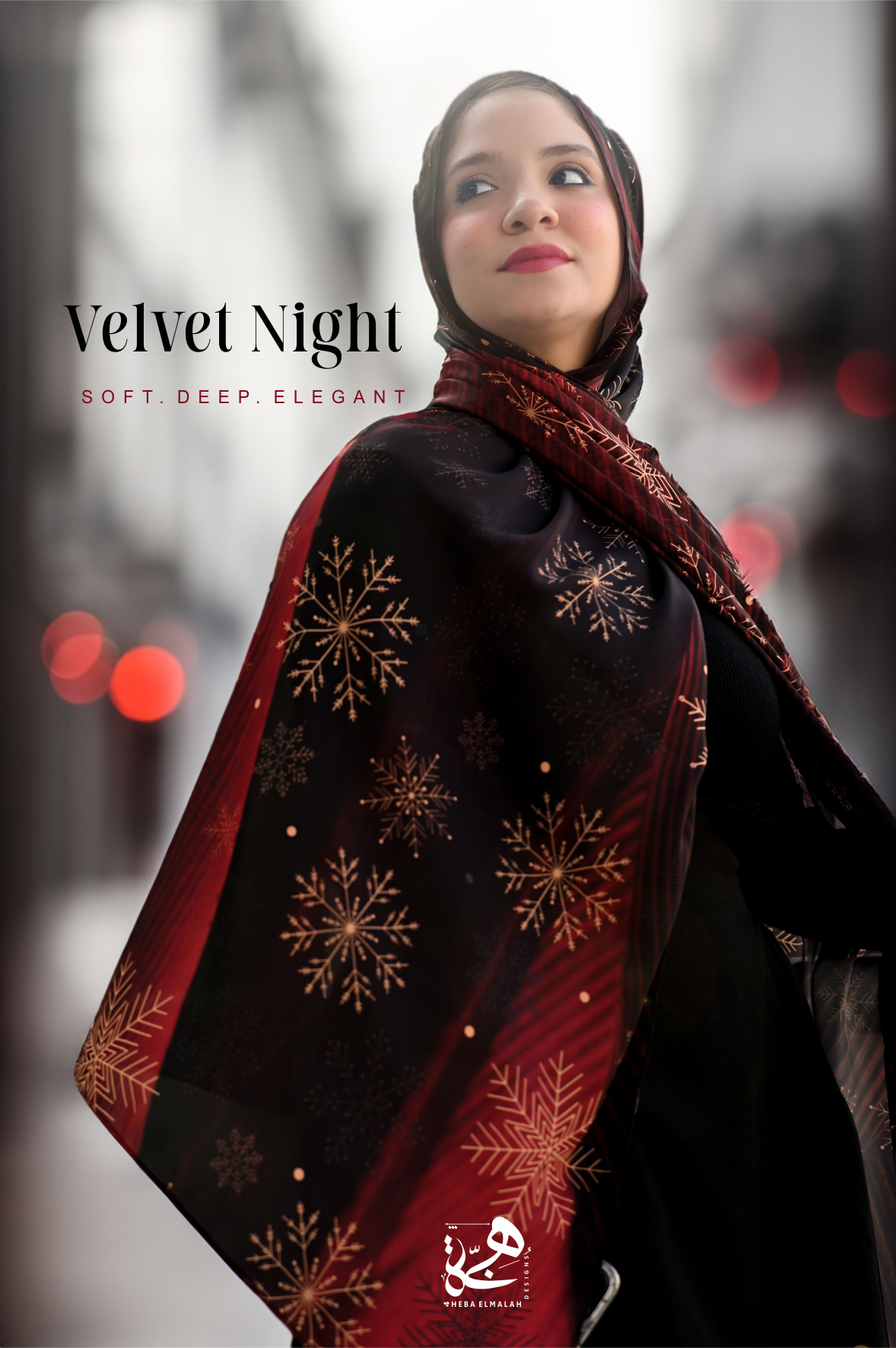 Close-up of the Velvet Night silk satin hijab highlighting the premium satin fabric and print details