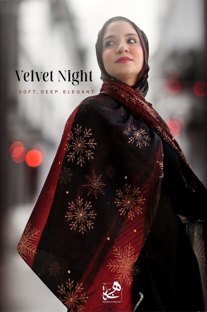 Close-up of the Velvet Night silk satin hijab highlighting the premium satin fabric and print details