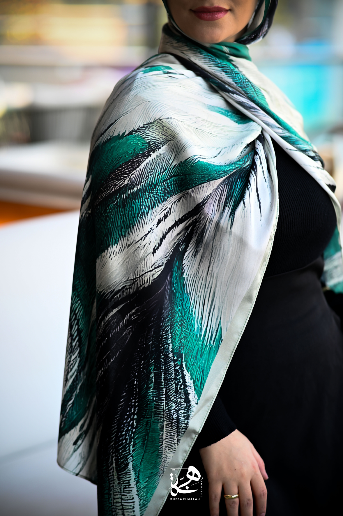 Close-up of the Majesty silk satin hijab highlighting the premium satin fabric and print