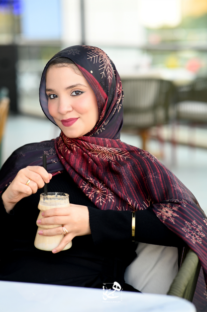 Woman wearing the Velvet Night silk satin hijab by Heba Elmalah Designs