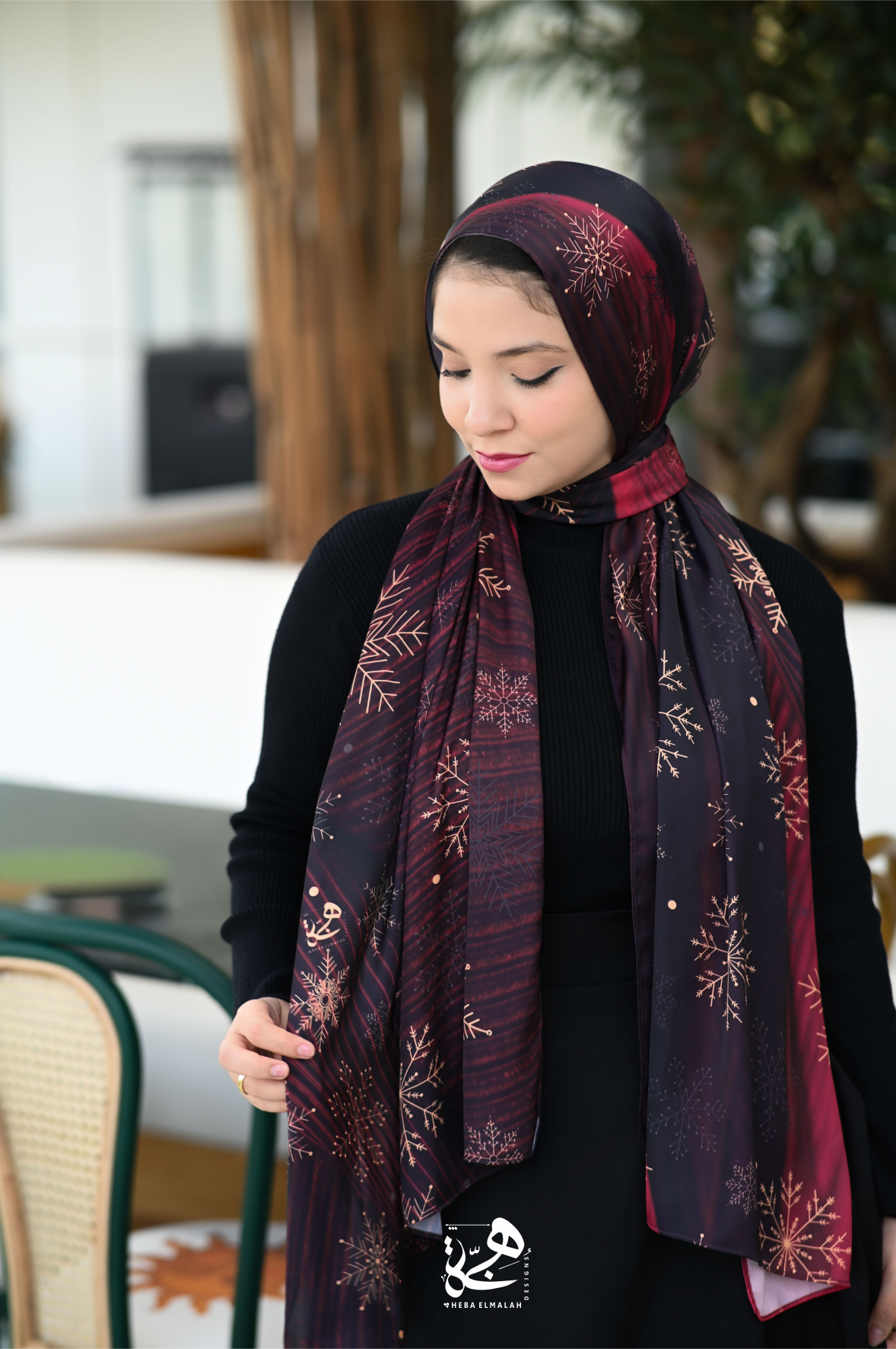 Velvet Night silk satin hijab styled for a sophisticated modest fashion look