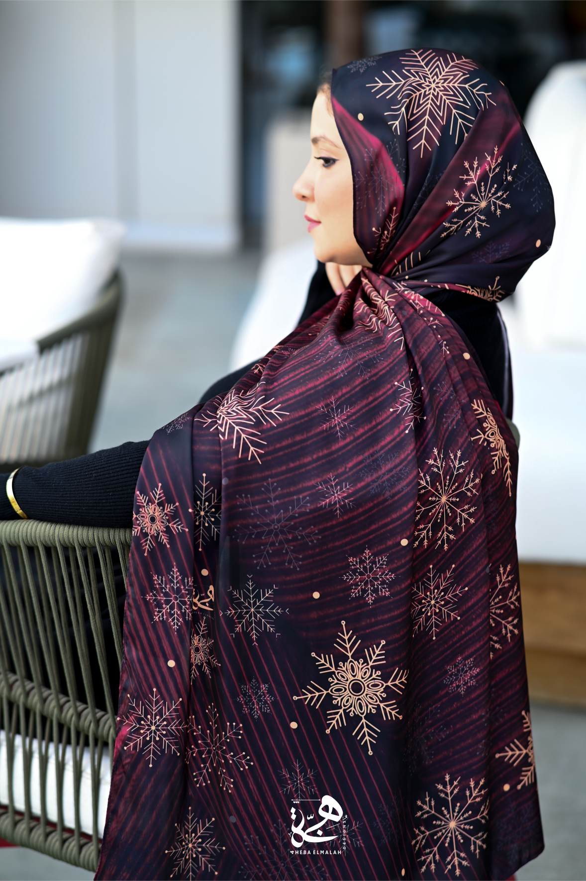 Side view of the Velvet Night silk satin hijab showcasing the printed pattern