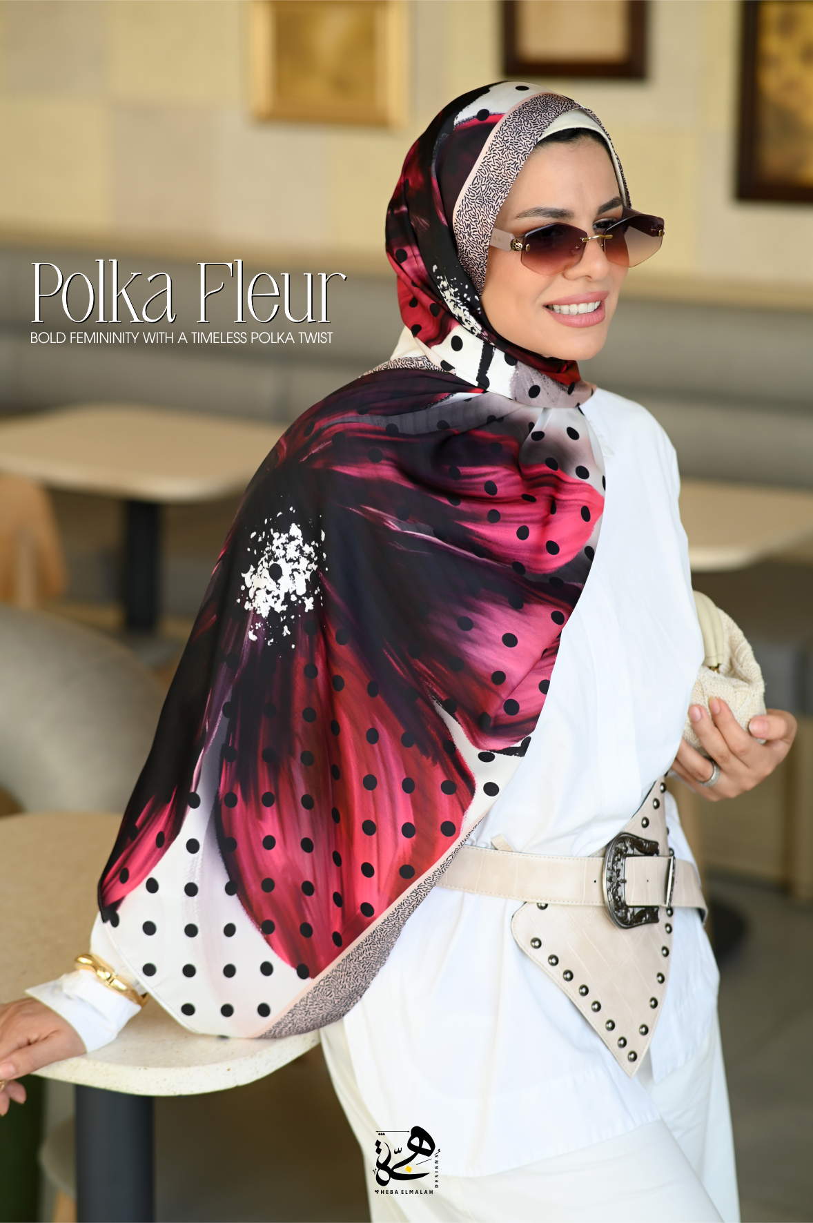 Premium silk satin texture of Polka Fleur hijab