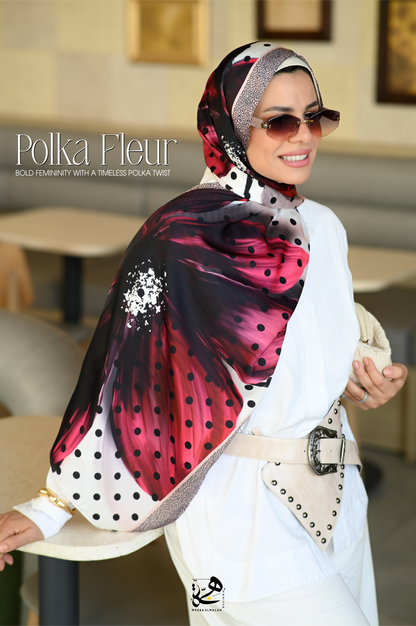 Premium silk satin texture of Polka Fleur hijab