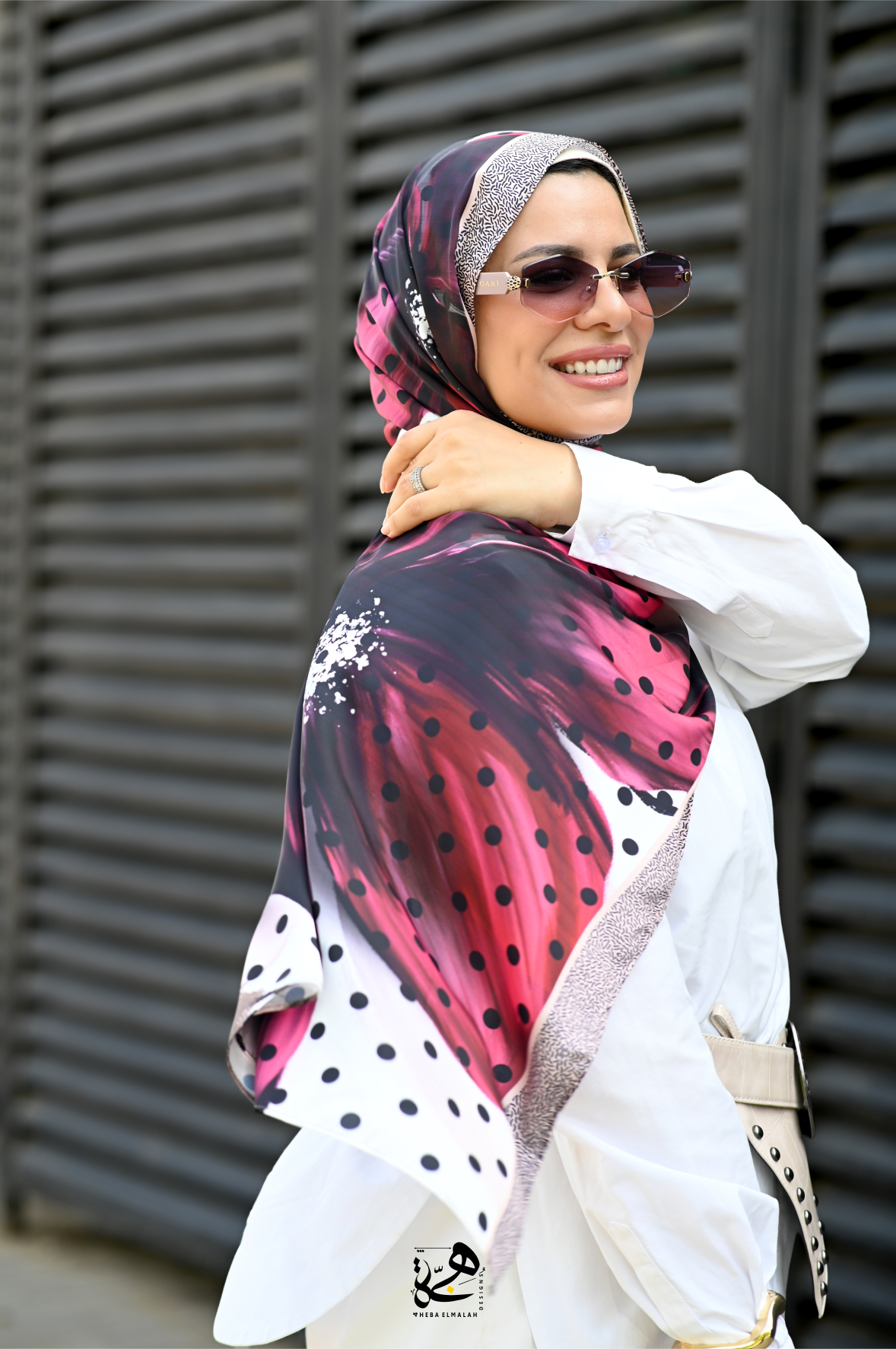 Polka Fleur silk satin hijab showcasing the full printed pattern